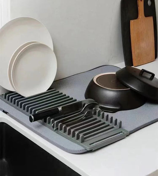 حصيرة تجفيف الصحون مع حامل للأطباق وأدوات المائدة