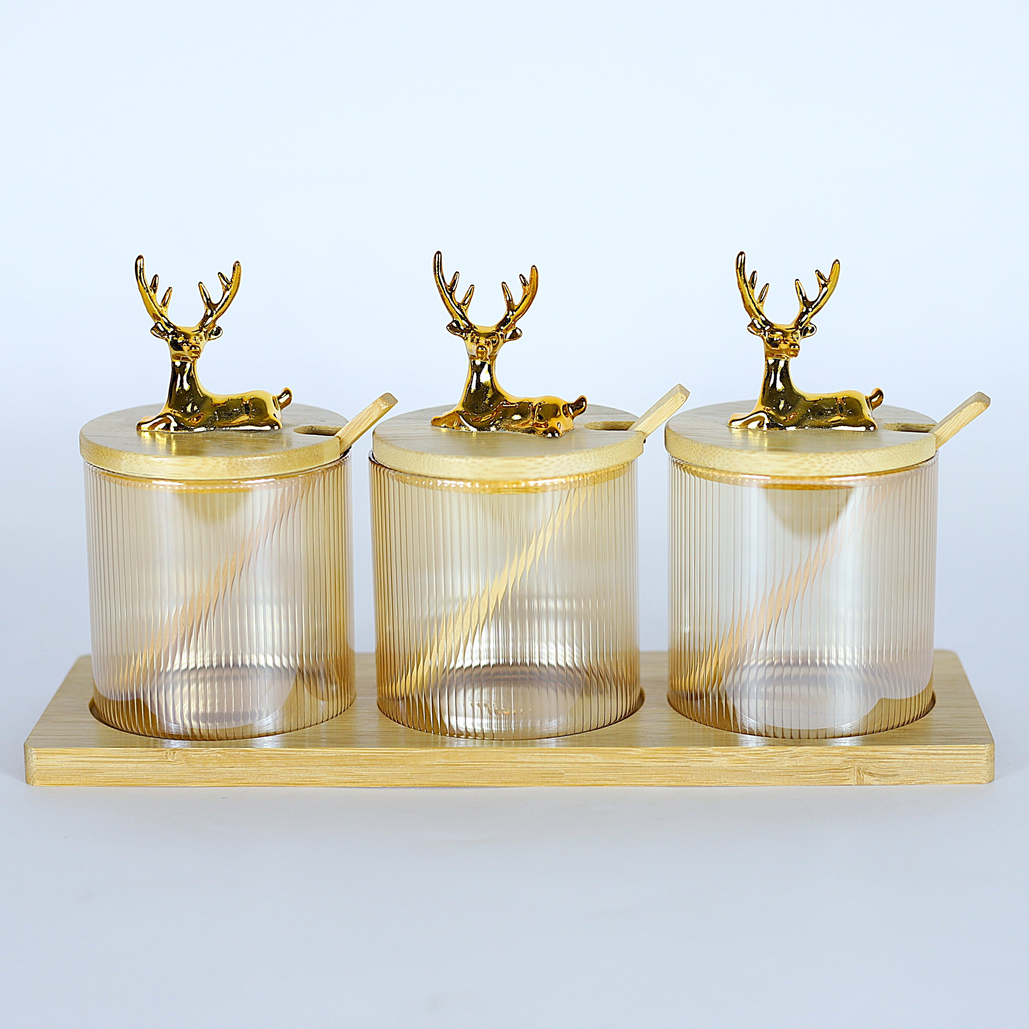 طقم توابل  3 قطع بحامل خشب وغطاء "غزالة ذهبي"