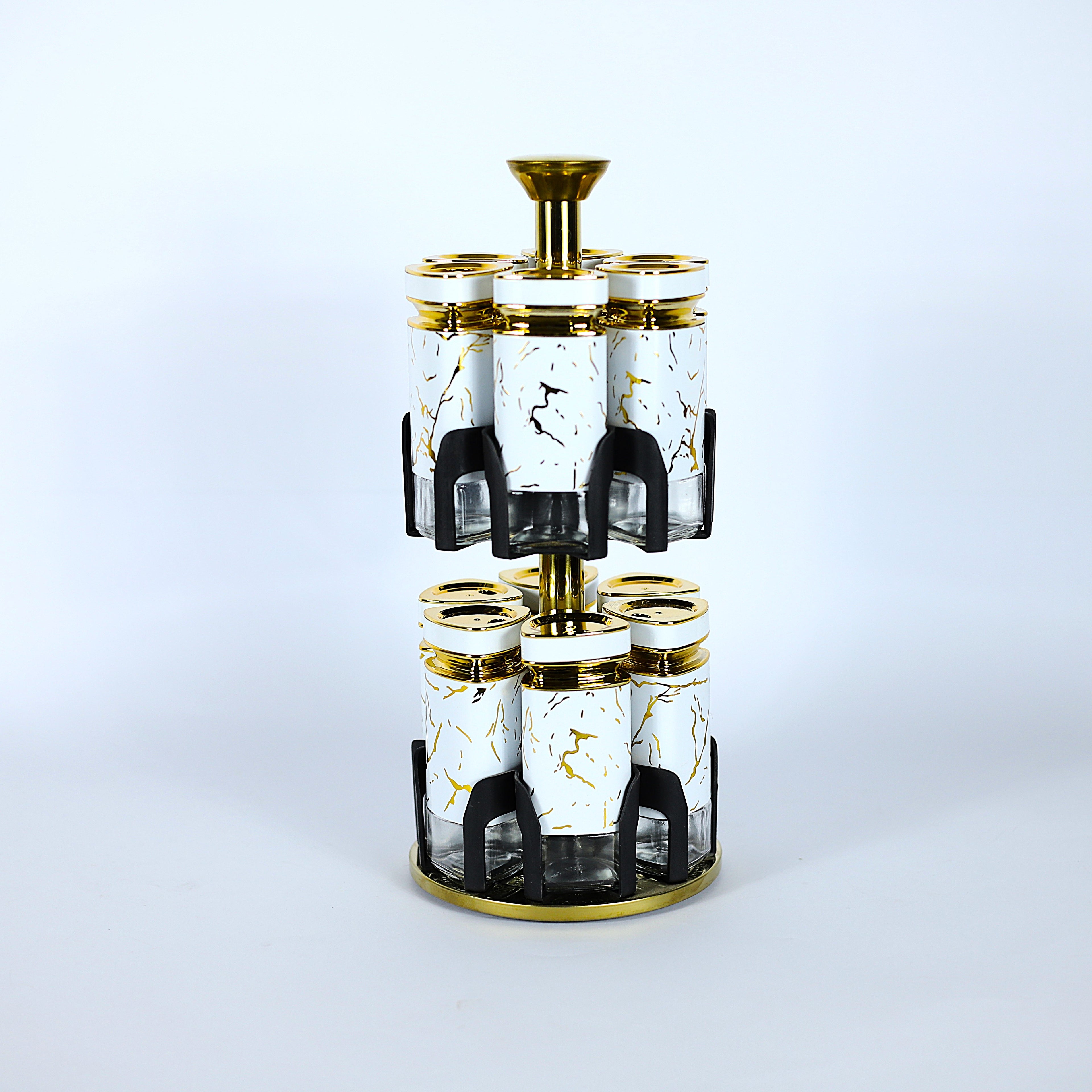 طقم توابل دوار "ماربل" 12 قطعة - أبيض بعروق ذهبية