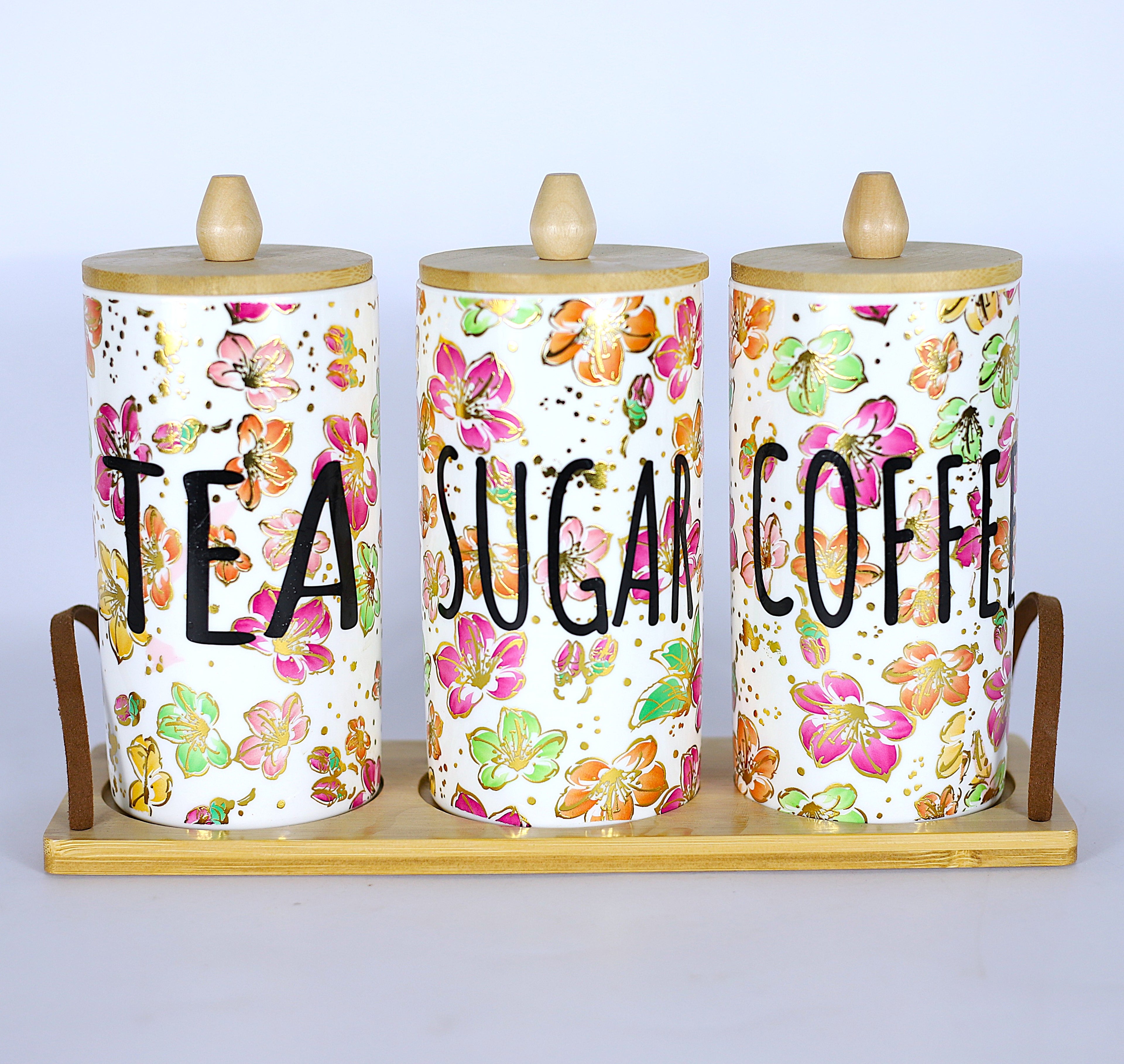 طقم (شاي, سكر, قهوه) 3 قطع - نقشة زهور ملونة