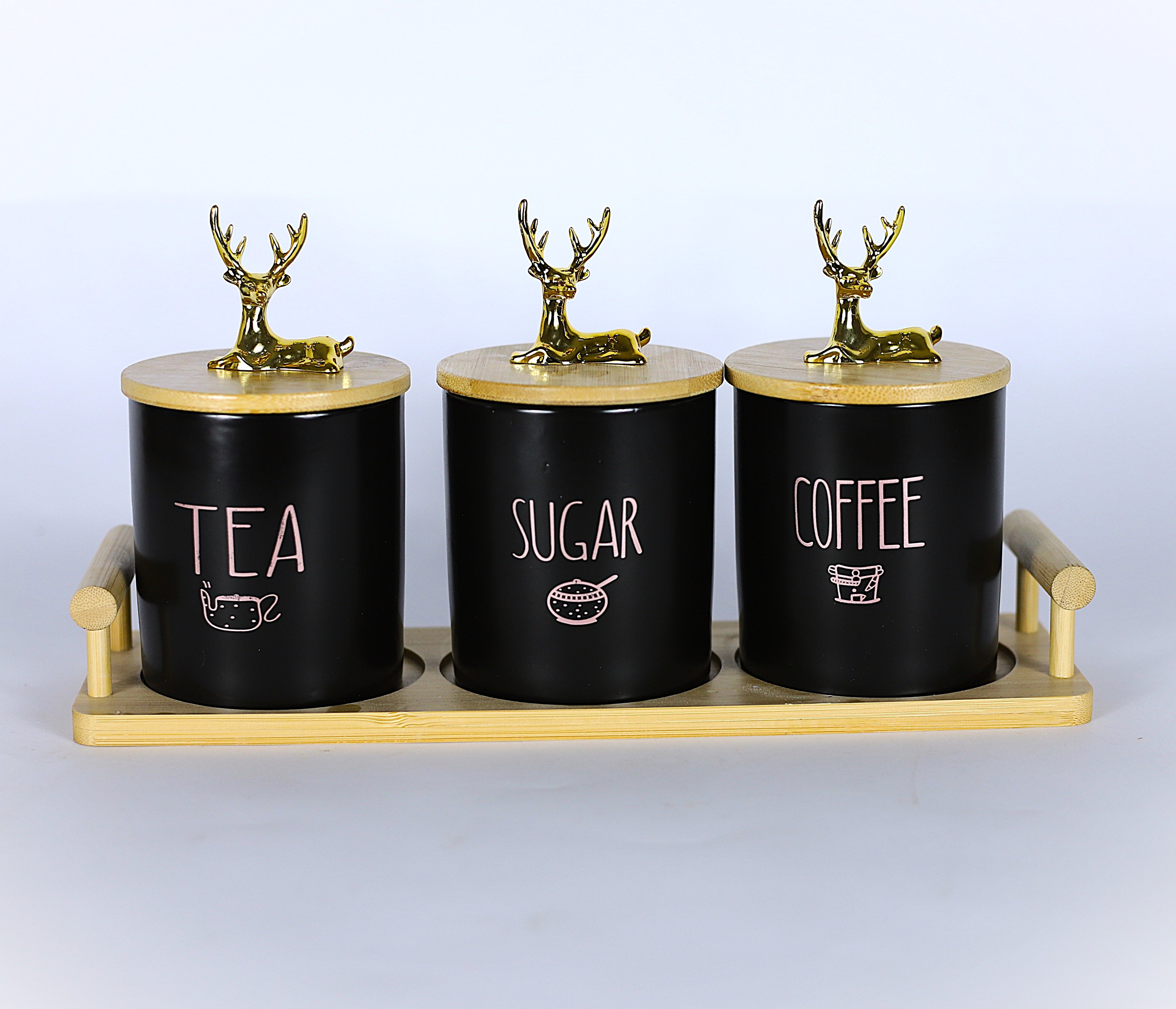 طقم (شاي, سكر, قهوه) أسود ملكي3 قطع بغطاء "غزالة ذهبي"