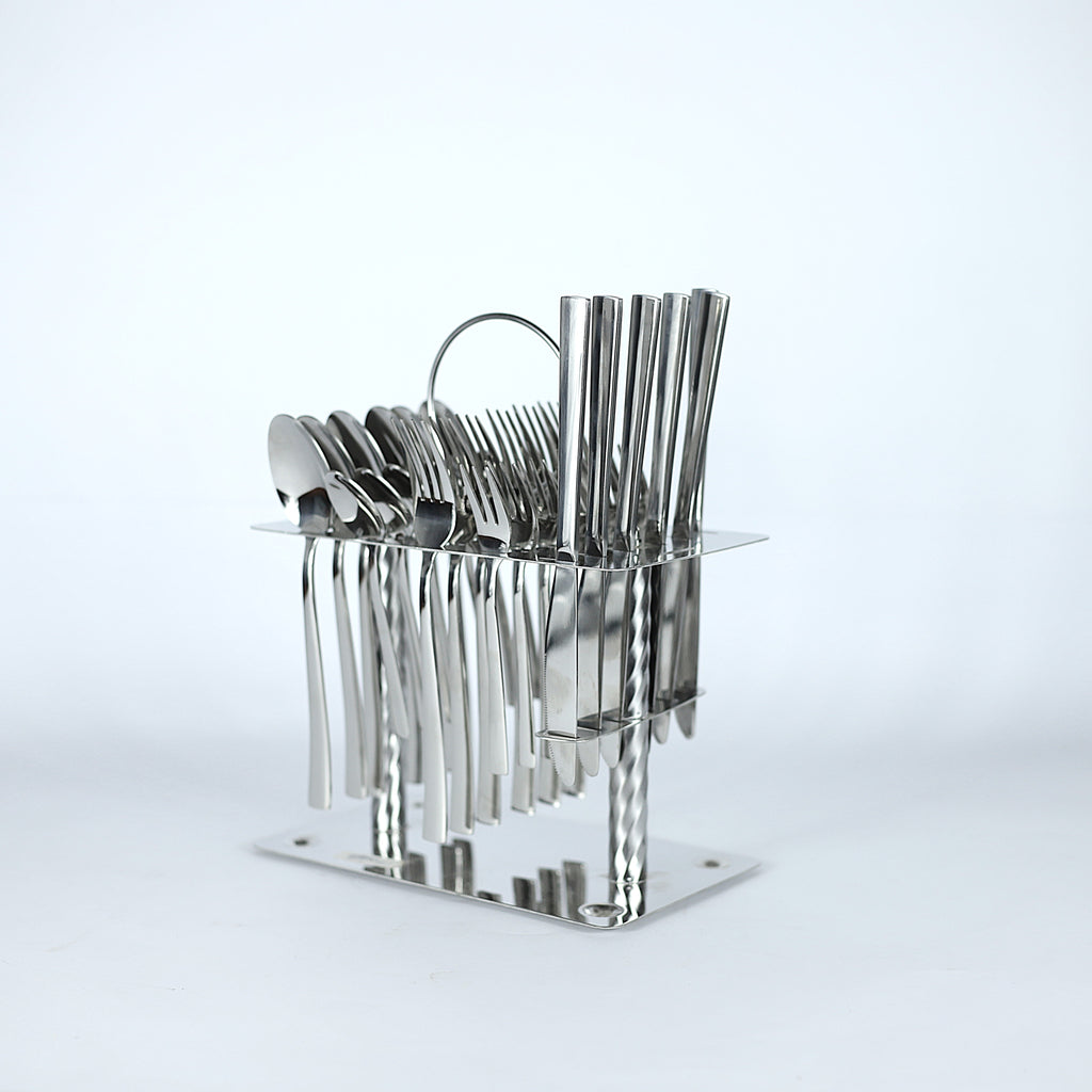 طقم معالق وشوك "سيلفر ويف" 30 قطعة - ستانلس ستيل بتصميم مضلع على حامل معدني.